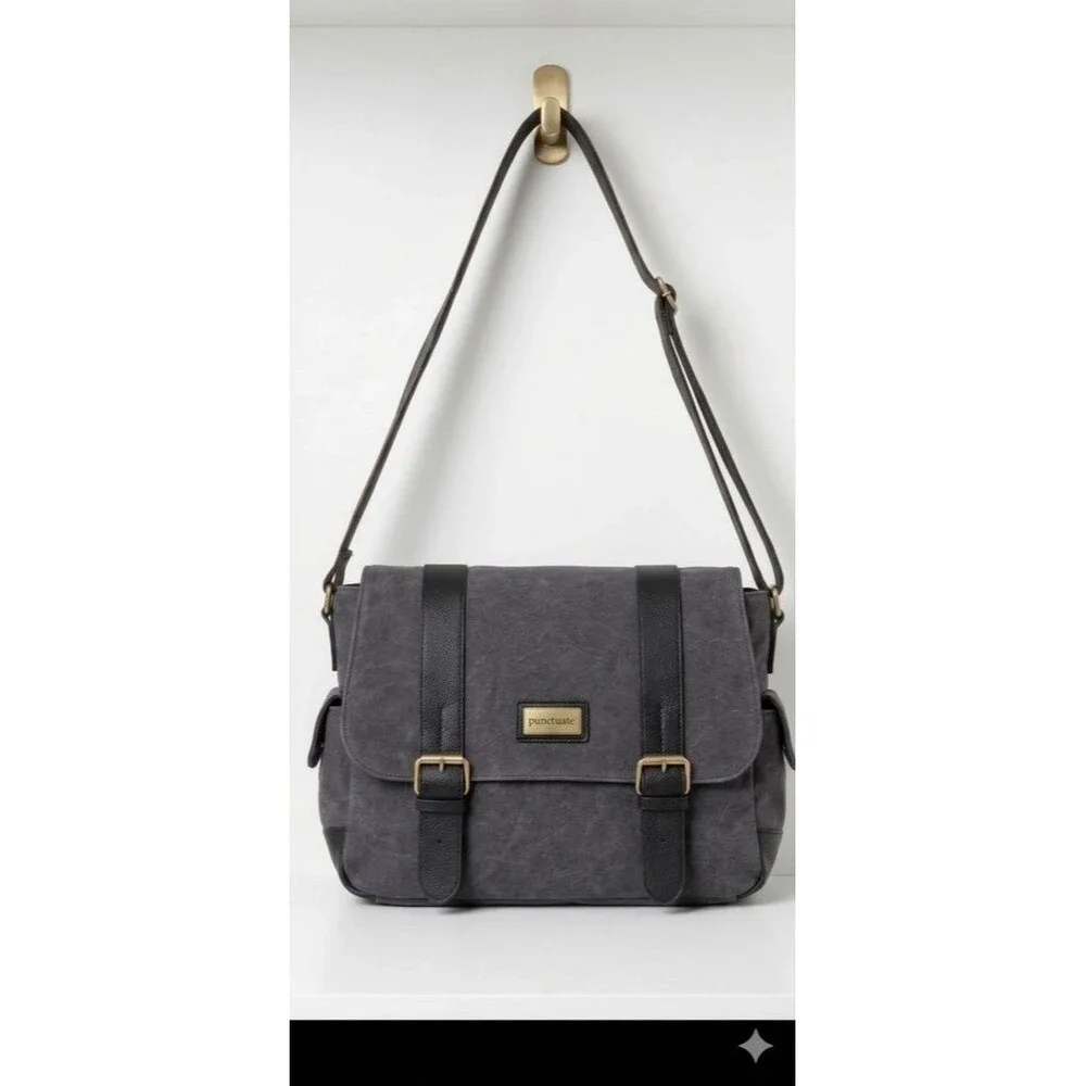 Punctuate Canvas Messenger Crossbody Laptop Bag - Dark Gray Charcoal